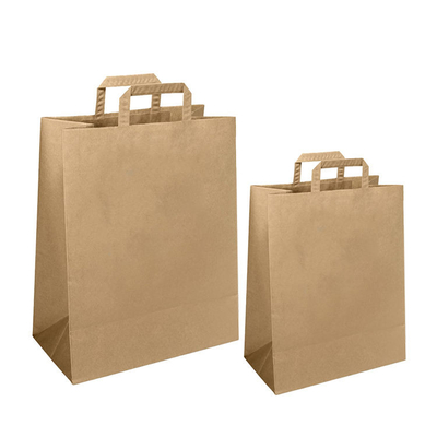 kopen Custom logo Kraft papierzak gerecycled bruin papierzakken wegnemen voedsel papier zak verpakking met platte handvaten online manufacture