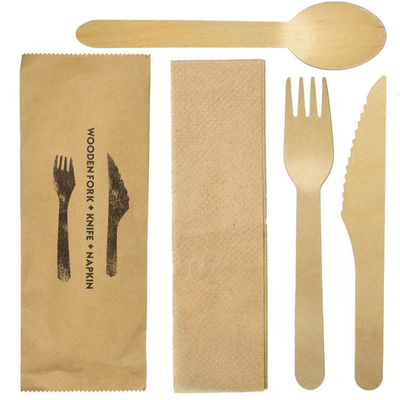 Set Alat Makan Kayu Kertas Kraft Sendok Garpu Pisau dengan Kemasan Amplop Kantong Selongsong untuk Pernikahan