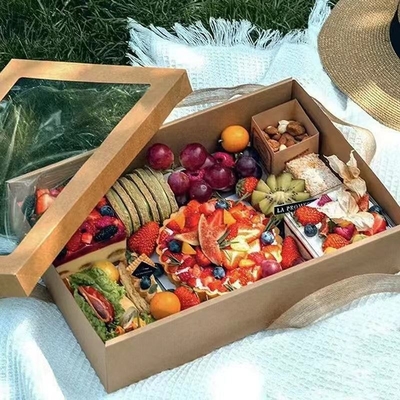 Nhập khẩu bán buôn Big Furit Snack Sandwich Dessert Lunch Box Bãi biển Kraft giấy Cắm trại Box picnic Với cửa sổ PET